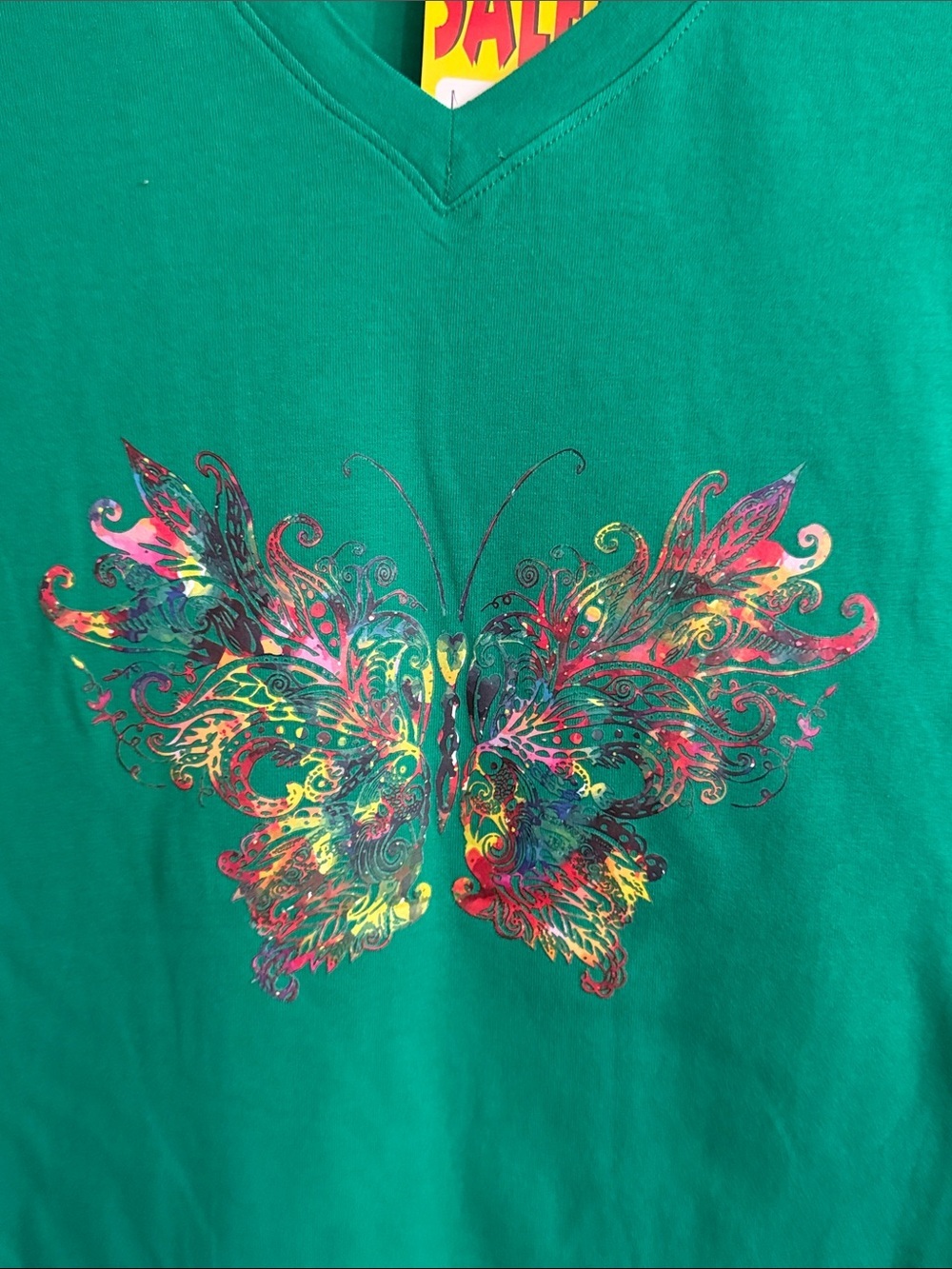 Reserved Green V-Neck Tee with Colorful Butterfly Graphic - Picture 3 of 4